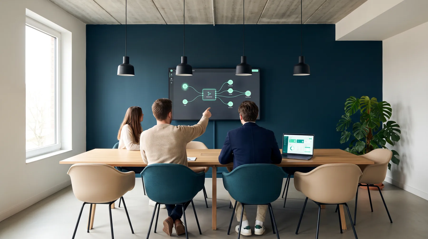 Kleine Runde von hinten an einem Holztisch vor einem großen Wandbildschirm, auf dem ein Automatisierungs-Ablauf mit verbundenen Knoten zu sehen ist — KI-generiertes Bild